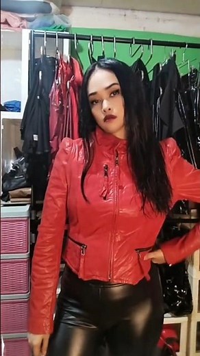 Red Leather jacket TRY ON Modeling #leatherjacket #leatherjacketstyle #leatherjacketwomens