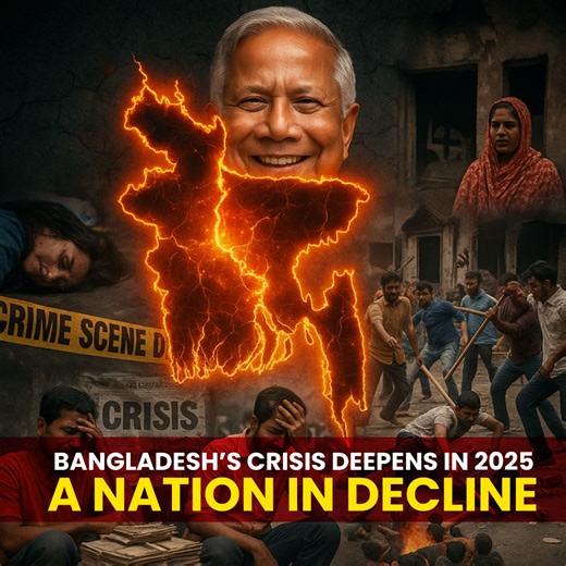 Bangladesh’s Crisis Deepens in 2025 – A Nation in Decline 🇧🇩 Once a South Asian success story, Bangladesh is now spiraling into chaos under the Yunus-led interim govt. 📉 Economy in free fall GDP growth: 6.1% (2023) ➡️ 2.3% (2025) Inflation: 12% 📈 Reserves: $33B ➡️ $14.5B Garment workers laid off, remittances down, youth jobless (28% ) ⚠️ Law & Order Collapses 2,000 murders in 6 months 637 lynchings in a year (vs 51 in 2023) 43 unidentified corpses pulled from rivers each month 🕉️✝️⛰️ Minori
