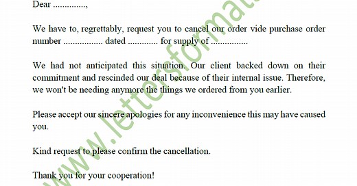Sample Letter or Email to Supplier to Cancel Purchase Order