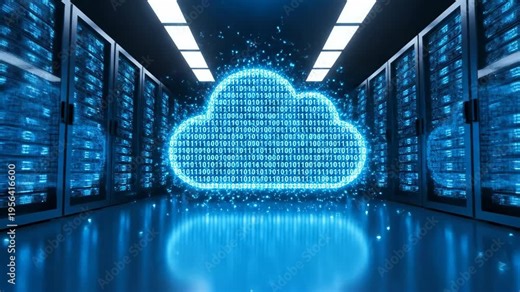 Abstract digital cloud icon made of binary code glows in a data center aisle between server racks with blue illumination and reflections.