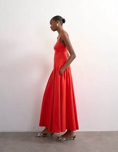 Topshop dropped waist linen maxi dress in red | ASOS