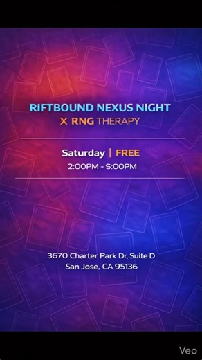🔥 Riftbound Nexus Night at RNG Therapy! 🔥 Looking for games this weekend? Come hang out, play Riftbound, and meet the local community! 🗓 Every Saturday 🕑 2:00PM – 5:00PM 💸 FREE to Play 🏆 Go 3-0 and earn a Nexus Pack! Whether you’re brand new or already grinding matches, Nexus Night is the perfect time to learn, play, practice, and compete with the local Riftbound community. 📍 RNG Therapy Card Lounge 3670 Charter Park Dr, Suite D San Jose, CA 95136 #Riftbound