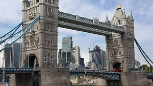 Close view of the Tower Bridge and City of London financial district, a combination of historical architecture and modern buildings