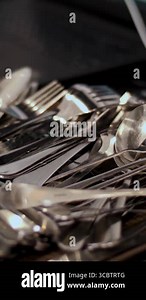 Close-up. lots of clean cutlery on the tray. self service cafeteria or restaurant, reopening after covid-19 Stock Video Footage - Alamy