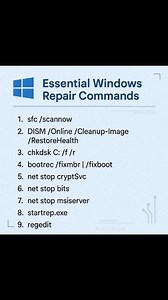 52K views · 524 reactions | PC slow? Errors? Not booting?  Use these essential Windows repair commands and bring your system back to life! ⚡️ Save this post for future fixes!  #WindowsFix #TechTips #Windows10 #fblifestyle #Windows11 #ComputerRepair #PCMaintenance #SystemRepair #WindowsCommands #TechReels #LearnTech #ITSupport #Troubleshooting #PcErrors #WindowsTutorial #TechCreators #FixYourPC #TechHacks | Tech Whiz Ajith | Facebook