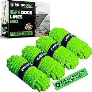 Rhino USA 5/8" x 16' Dock Lines - Heavy Duty Marine Grade Rope for Boats, Kayaks, Pontoons, Fishing and More! Ultimate Boating Accessory - Green
