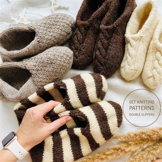 Double Wool Slippers Knitting Pattern Set: Aran Knit Home Socks (PDF Pattern) Self Care Gift - Etsy