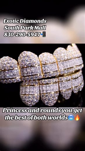 Exotic Diamonds on Instagram: "Exotic Diamonds hybrid grillz hitting different — round diamonds and princess cuts shining from every angle. Come get right at Exotic Diamonds, South Park Mall. Checkout the drip and level up your smile! ✨💎 #ExoticDiamonds #HybridGrillz #DiamondGrillz #PrincessCutDiamonds #RoundCutDiamonds #CustomGrillz #IcedGrillz #GrillzSeason #DripCheck #ShineBright #CustomJewelry #JewelryGame #SanAntonioJewelry #SouthParkMall #LuxuryDrip #IcedOut #BestInTheCity #GoldAndDiamond