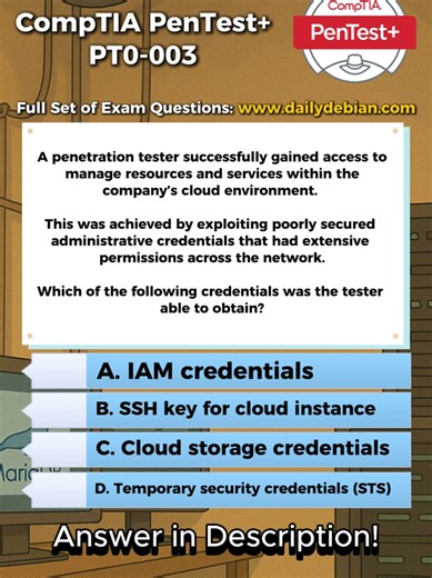 A. IAM credentials. This is the correct answer because IAM credentials provide broad, administrative-level access across cloud resources and services. If these credentials are poorly secured and have excessive permissions, they allow full control over the cloud environment, matching the scenario described. Why The Other Options Are Incorrect B. SSH key for cloud instance This only grants access to a specific virtual machine, not broad management of cloud resources and services across the environ