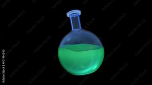 Chemistry boiling glass flask with an emissive green liquid in a loop animation with transparency Stock Video