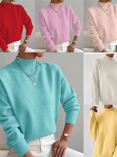 Women's Sweater Pullover Fashion Streetwear Casual Solid Color Mock Neck Knitted Long Sleeve Regular Tops Knit Daily Holiday Going out Yellow Pink Fall Winter 2025