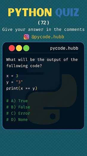 Akash • Python & Tech Enthusiast 🚀 on Instagram: "Python Quiz 73 .. 📒 | Complete Python guide + 99 Projects 🔗 | Link in the Bio .. .. Follow @pycode.hubb for more Follow @pycode.hubb for more .. .. Turn on post notifications for more such posts like this .. .. #pythonhub #pythonquiz #pythonlearning #pythonprogramming #pythondeveloper #python3 #programming #pythonprojects #pythonbeginner #coding #pythonbegginers #pythonchallenge #pythonlearn #pycode"