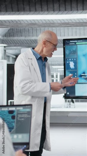 Vertical video Senior scientist in lab presenting innovative DNA sequencing project to colleagues. Elderly team leader showing 3D biological model on screen to researchers during strategic briefing