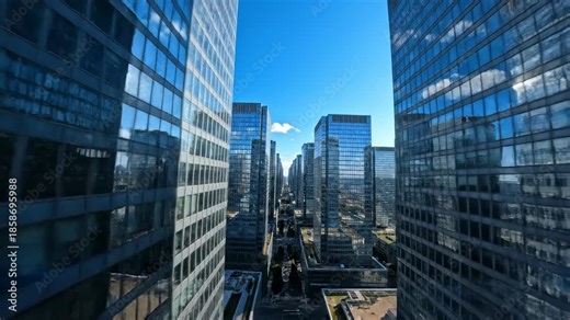 Wide drone view tracking horizontally across thousands of identical repetitive glass skyscraper windows reflecting the blue sky during daytime urban pattern, structure, design