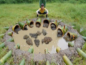 Harvesting frogs with a tube bamboo prey trap system and Go to the village sell - Farm Daily life | Crafty Brushcraft
