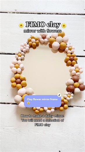 Upcycle a mirror with FIMO clay by adding a frame of flowers 🌼 Tutorial by @becki_clark_ #Hobbycraft #MakeWithHobbycraft #FIMOClayIdea #CraftIdea #CraftTok #MirrorClayFrame