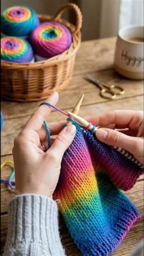 Rainbow Yarn Scarf Knitting 🌈🧶 Easy & Satisfying Tutorial #knitting #cozycrafts #slowfashion #yarn