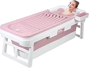 Outdoor Portable Bathtub for Adult, 59" Large Collapsible Tub, Effortless Folding Bathtub with Massage Board, Thermometer, Thermal Cover, Ideal for Hot Bath Ice Bath with Reached Out Hands Pink