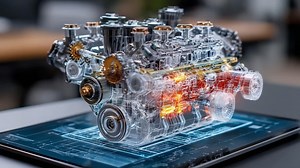 A Showcase of Advanced Engine Design: A Transparent 3D Render Demonstrating the Intricacies and Mechanisms of a Modern Internal Combustion Engine on a Digital Interface | Premium Stock Video Footage