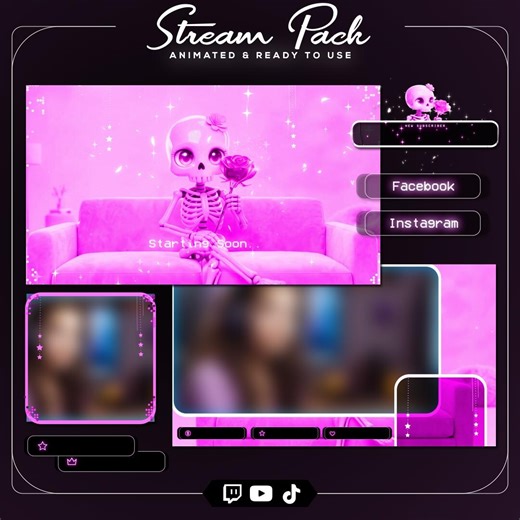 Animated Pink Skeleton Stream Overlay | Kawaii Goth Cyber (digital Download) - Etsy UK