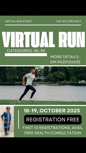 Virtual run has two categories: 3K and 5K. Registration is completely free. Event date: 18 & 19 Oct. any date can be registered. Screenshot is compulsory. Any app or fit band, smart watch can be used to track. You can forward to friends and family and encourage them to participate. First 10 registrations will get free health consultation. For registration: https://wa.me/message/FWT2AKZGN3YBM1 | Subha Dinesh | Facebook