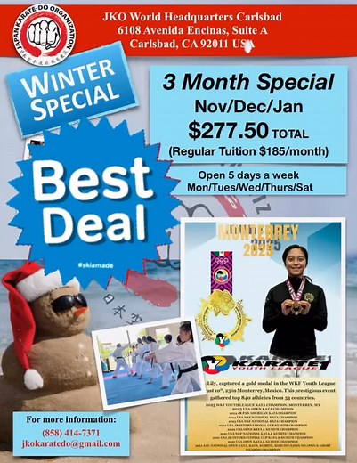 Ready to unleash your potential? JKO WINTER SPECIAL!!! Train with the best - Hanshi, 8th degree black belt 🥋 Don't wait, grab this amazing opportunity! #carlsbad #traditionalkarate #carlsbadkarate #northcounty #karate #shitoryukarate #japankaratedo #socal #jkocarlsbad | Japan Karate-Do Organization