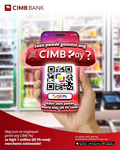 Leave your wallet behind! CIMB Pay has you covered. 💡 Shop online or in-store at over 1 MILLION MERCHANTS NATIONWIDE. Just scan to pay and go cashless with CIMB Pay! Now available on the CIMB Bank PH app. Download today! --- For questions and concerns, reach our Customer Care through the Help Center on the CIMB Bank PH app. You may also visit www.cimbbank.com.ph. Deposits are insured by PDIC up to P500,000 per depositor. Regulated by the Banaka Sentral ng Pilipinas. | CIMB Bank PH