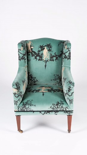 Shuiping Sea Blue Wingback Chair This elegant wingback has just been added to our website, upholstered in our hand-printed Shuiping de Pillement velvet fabric. To learn more about this piece, please visit the website or contact enquiries@timorousbeasties.com ______________________ #antiquefurniture #fabricdesign #handprintedfabrics #upholstery #upcycled #wingback #timorousbeasties | Timorous Beasties