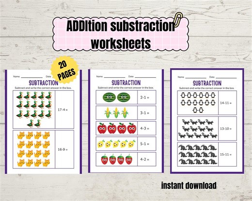 Printable Math Worksheets for Kindergarten & 1st Grade | Subtraction Practice | Homeschool Math Resource | Instant Download - Etsy