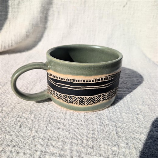 16 Oz. Green Geometric Soup Mug | Handmade Wheelthrown Soup Mug, Earthy, Ceramic Pottery Cup, Patterned, Boho, Modern, Sgraffito, Carved - Etsy