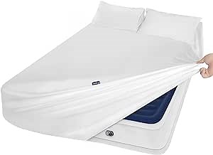Moonsea Extra Deep Pocket Air Mattress White Sheets Twin Size - 3Pcs Side Storage Pocket Fitted Sheet & Pillowcase Twin Deep Pocket Sheet Sets Easily Fits for Kids 16in to 24in Pillow Top Air Bed