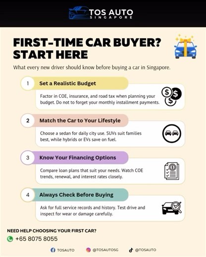 TOS AUTO SG on Instagram: "🚗 Buying your first car but unsure? Start here with quick tips to guide you through budgeting, choosing the right ride, and what to check before you buy. 🔑 Whether it’s new or used — we’ve got you covered at TOS Auto SG. 📩 Need more details or want to understand more? DM us to get started! 📍 60 Jalan Lam Huat #06-62/63 Carros Centre, Singapore 737869 #BuySellConsign #CarSalesSG #SGCarDeals #SingaporeCars #SGAutoMarket #CarConsignmentSG #SGUsedCars #BuyCarSG #SellCa