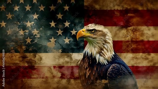 A detailed and artistic representation of an eagle against the backdrop of the American flag. The eagle is depicted with a realistic yet stylized appearance.