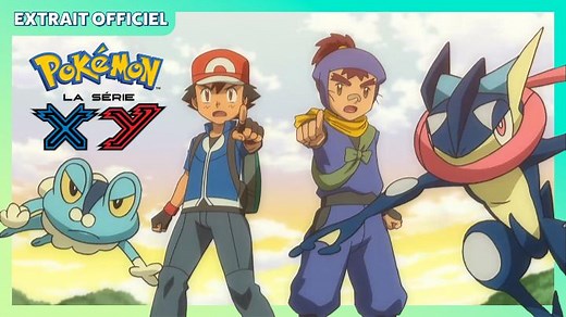 Grenousse et Amphinobi font équipe ! 💪 Sacha et Sanpei font équipe pour combattre un ninja et la Team Rocket, ce qui entraîne l’Évolution du Grenousse de Sacha. | Pokémon
