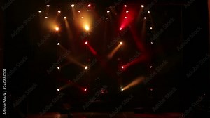 Stage lights with smoke on concert. Background in show. Stage lights and smoke. Colored lights on an empty concert stage with smoke.