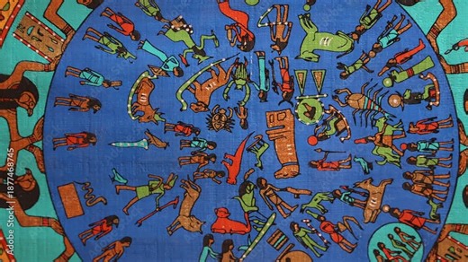 Ancient Egyptian zodiac on papyrus, Dendera Temple ceiling replica, circular astronomical chart with hieroglyphs, deities, constellations, colorful traditional art, historical artifact.