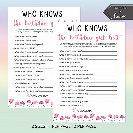 Who Knows the Birthday Girl Best Quiz Game | Canva Birthday Template | Trivia for Teens | Tween Birthday Game | Slumber Party Questions - Etsy