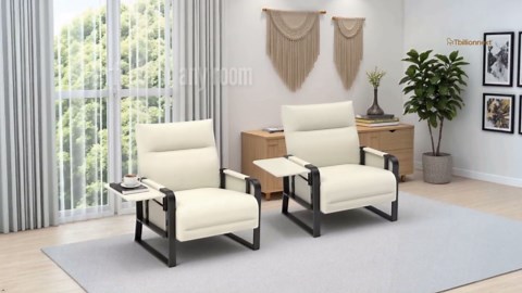 Upholstered Accent Chairs Set of 2, Modern Faux Leather Sofa Chairs with Foldable Side Tray Table & Storage Pocket, Small Accent Sofas for Living Room, Bedroom, Brown