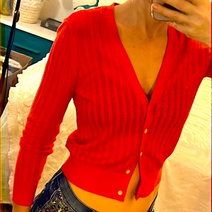 Lauren Ralph Lauren red/orange cardigan sweater button closure 3/4 sleeve Sz S