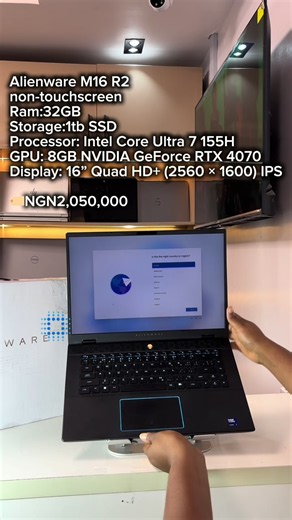 Alienware M16 R2 (non-touchscreen)💻 Available for Pick-up and Delivery 🏷️Price: NGN2,050,000‼️ Specifications: Ram: 32GB DDR5 Storage: 1TB NVMe SSD Processor: Intel® Core™ Ultra 7 155H (1.40GHz Base Frequency, up to 4.80GHz Max Turbo Frequency), Sixteen (16) Cores (6 Performance 8 Efficient 2 Low Power Efficient), Twenty-Two (22) Threads Display: 16” Quad HD (2560 × 1600) IPS, 240Hz Refresh Rate, 16:10 Aspect Ratio, 300 nits Brightness Graphics: 8GB NVIDIA GeForce RTX 4070 Laptop GPU Ports: 2 