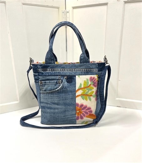 Upcycled Denim Tote Bag With Crewel Embroidery Textile Accent, One of a Kind Crossbody Purse - Etsy