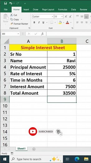 Simple Interest Sheet in Excel #shorts