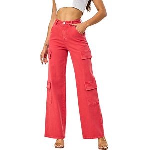 [Hot Item] Custom High Waist Female Red Color Pants Cargo Pocket Wide Leg Women Denim Jeans