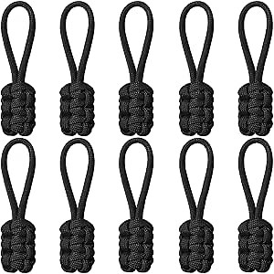 10 Pieces Replacement Zipper Pulls Tab Universal Nylon Repair Kit Slider Pull Tab Zipper Fixer Metal Head Hand Woven Rope Handle Cord Tab(Black)