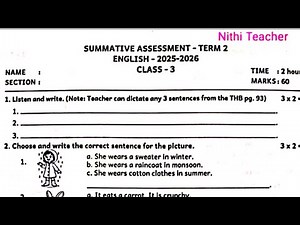 3rd std English term 2 qus paper SUMMATIVE ASSESSMENT - TERM 2 ENGLISH- 2025-2026 CLASS-3 question