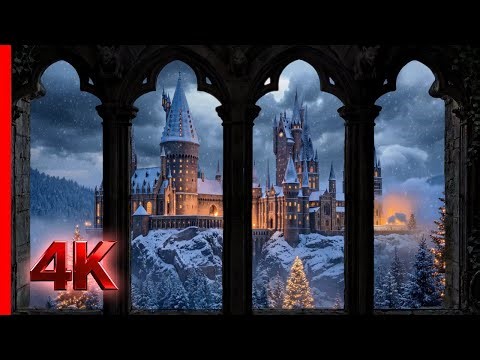 Hogwarts Christmas Window View in 4K | Snowfall Ambience for Relaxing, Reading, Sleep