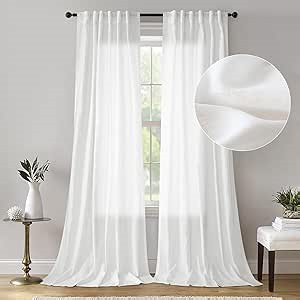 Dreaming Casa Semi Sheer Linen Valances for Kitchen Light Filtering White Curtains 54 inches Long 2 Panels Pocket Window Drapes Neutral Laundry Doorway Curtain with Back Tab, White, W52 x L54