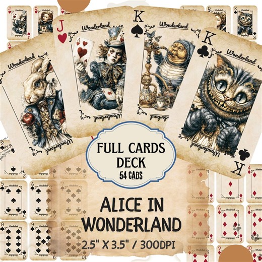 Alice in Wonderland Playing Cards Full Deck, Fantasy Illustration Poker Set, Queen of Hearts, Cheshire Cat, White Rabbit, Alice Art - Etsy