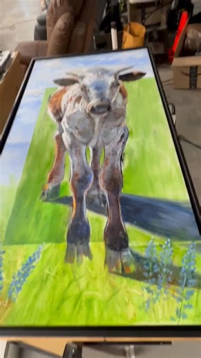 Longhorn Calf and Bluebonnets - oil painting on canvas...heavy palette knife work. Permanent collection of the Anna, Texas Community Library. #dawnsecordart #dawnsecord #westernart | Art by Dawn Secord