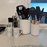 LE TAUCI Utensil Holder for Kitchen Counter, 7.3"+5.4" Fluted Ceramic Utensil Crock Organizer for Countertop, Heavy Large Holder for Spatulas, Spoons, Set of 2, Gray Marble
